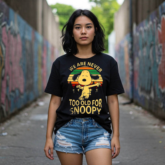 Never Too Old For Snoopy Women's T-shirt | Black Peanuts Tee | Befaltu - Befaltu