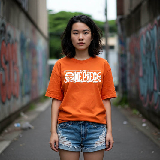 One Piece Logo Women's T-shirt | Orange Anime Tee - Befaltu