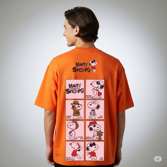 Orange "Many Tales of Snoopy" Character Print Oversized T-shirt - Befaltu (Men's Graphic Tee)