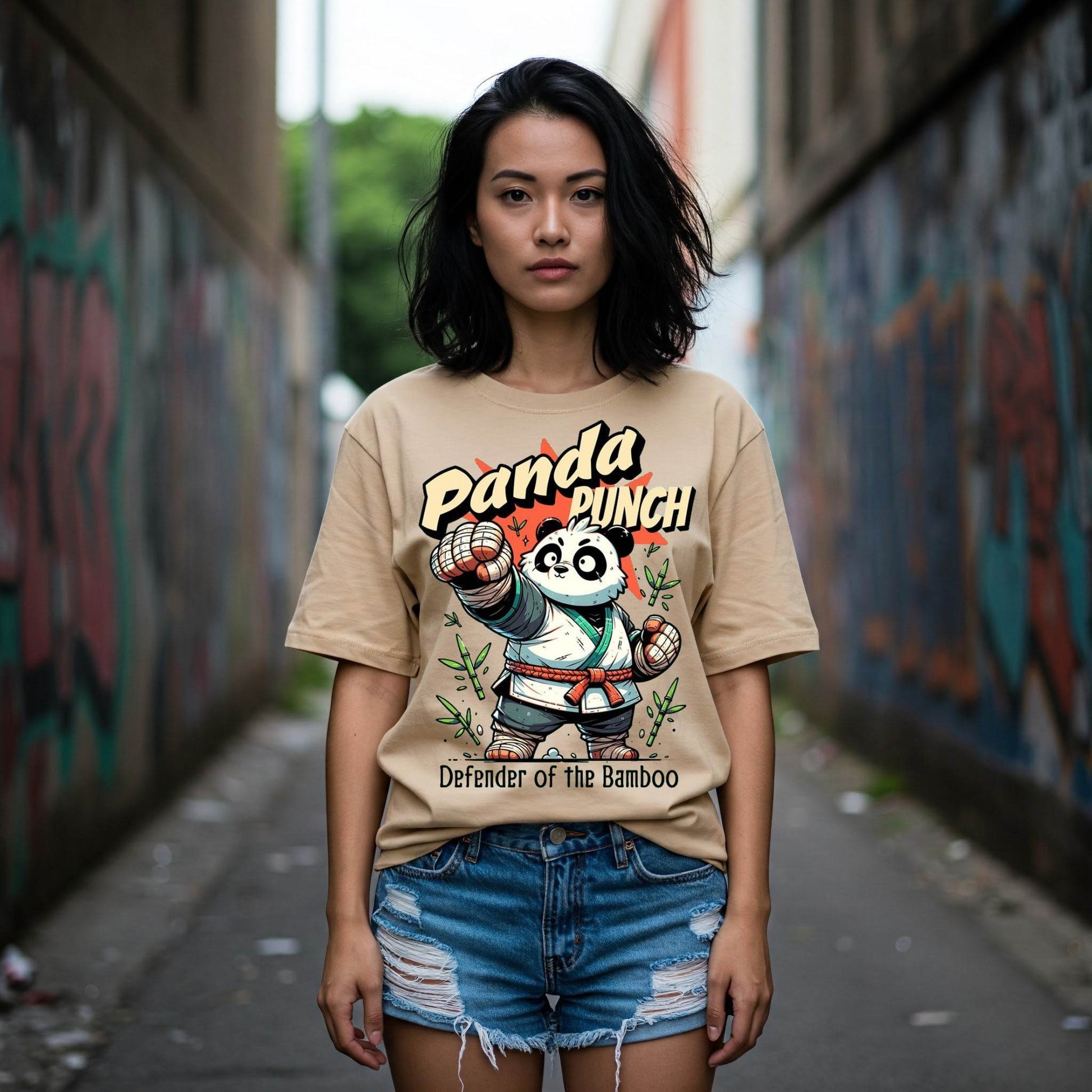 Panda Punch Women's T-shirt | Beige Graphic Tee | Befaltu - Befaltu