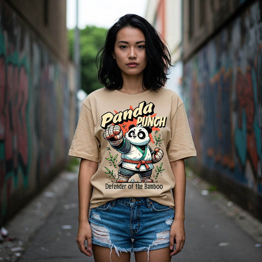 Panda Punch Women's T-shirt | Beige Graphic Tee | Befaltu - Befaltu