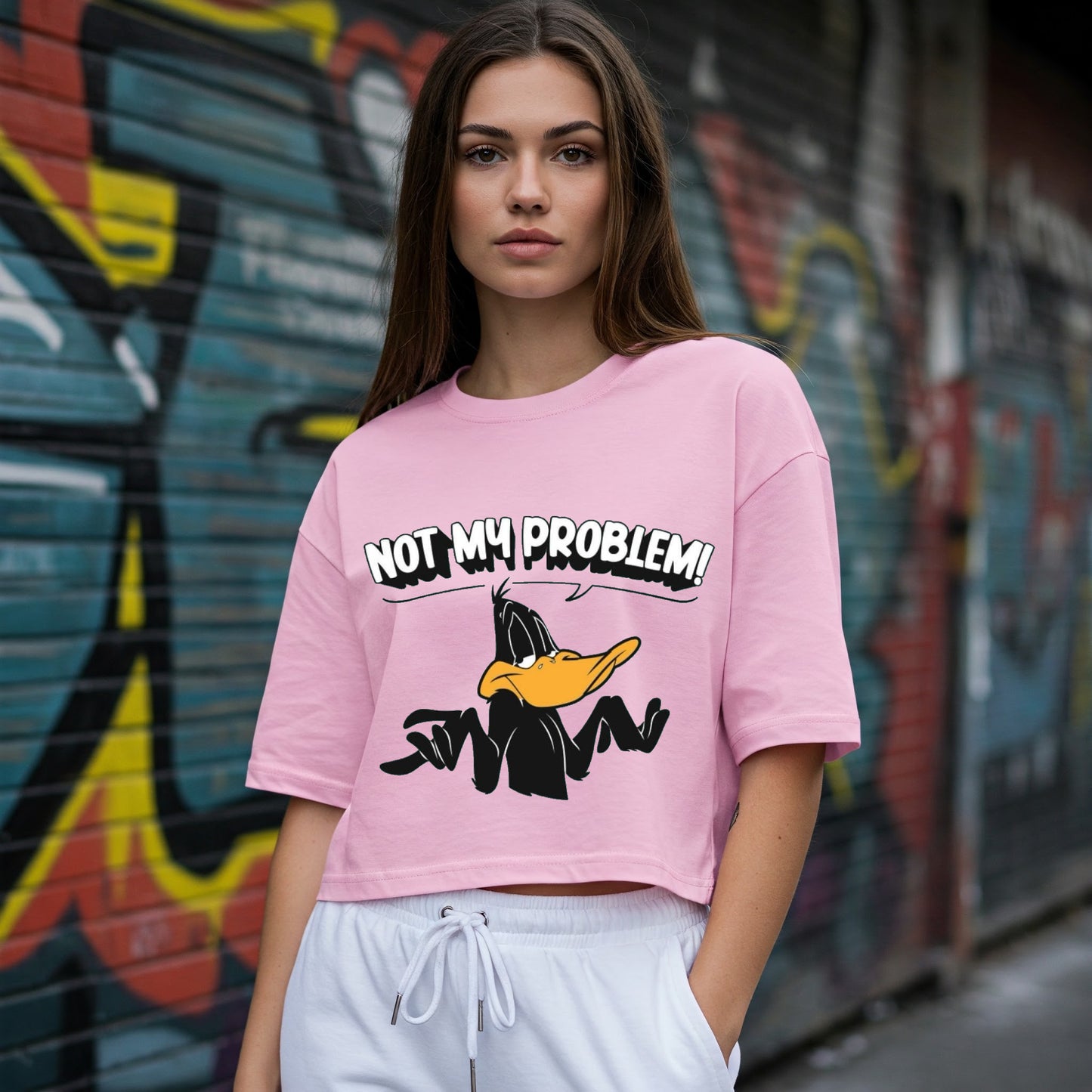 Pink Daffy Duck Not My Problem Graphic Crop Top Befaltu