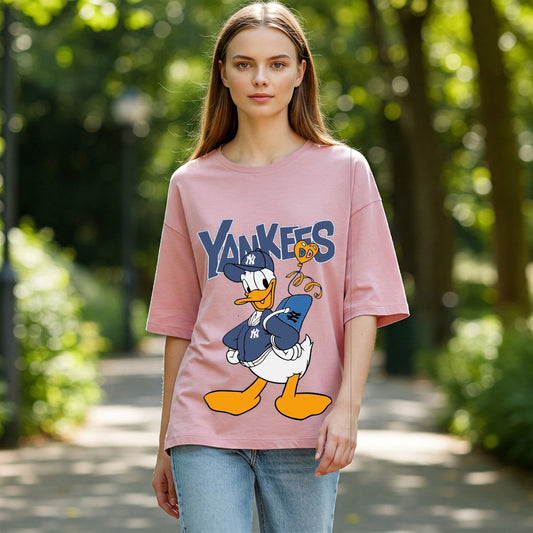 Pink Donald Duck Yankees Graphic Women's Oversized T-shirt Befaltu