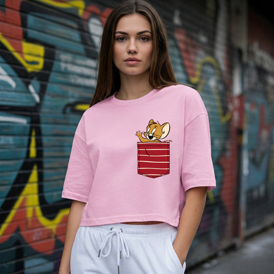 Pink Jerry in Pocket Graphic Women's Crop Top Befaltu