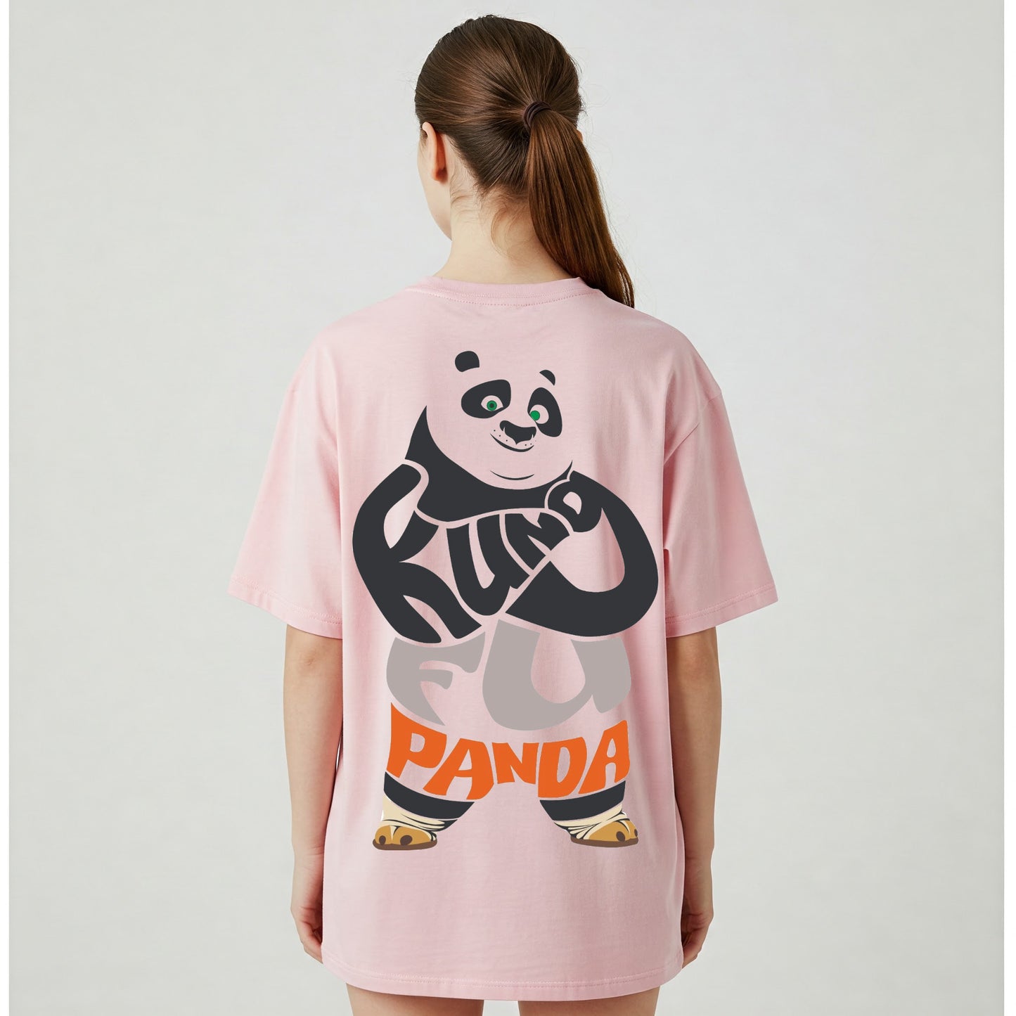 Pink Kung Fu Panda Text Graphic Oversized T-shirt Dress Befaltu