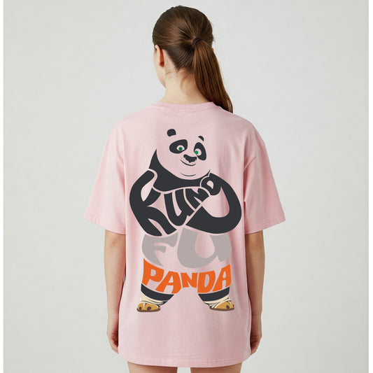 Pink Kung Fu Panda Text Graphic Oversized T-shirt Dress Befaltu