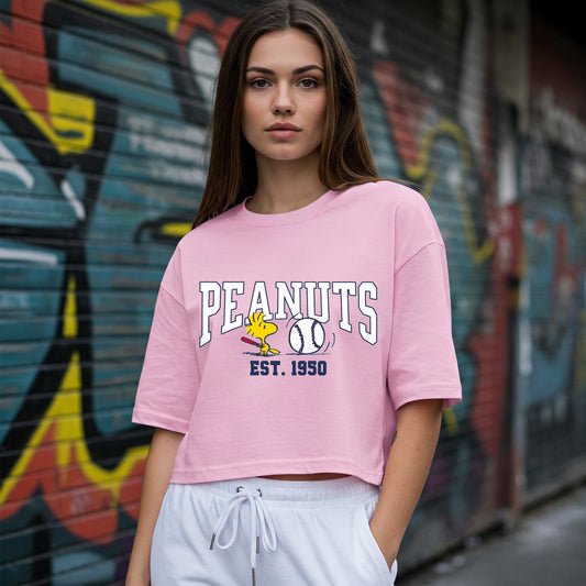 Pink Peanuts Baseball Graphic Women's Cropped T-shirt Befaltu - Delhi Fashion