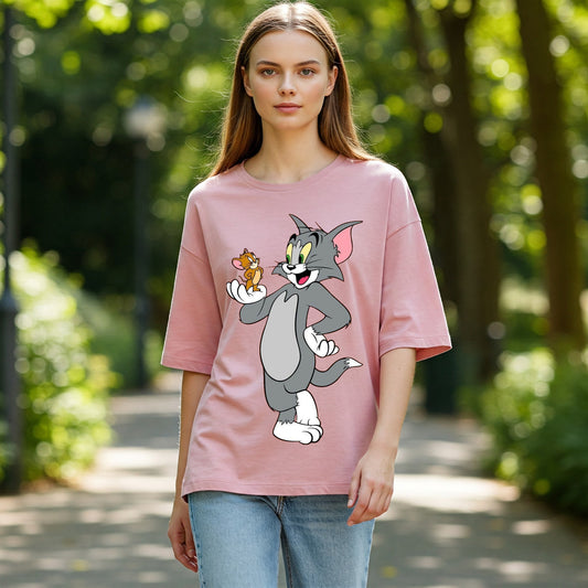 Pink Tom and Jerry Graphic Women's Oversized T-shirt Befaltu
