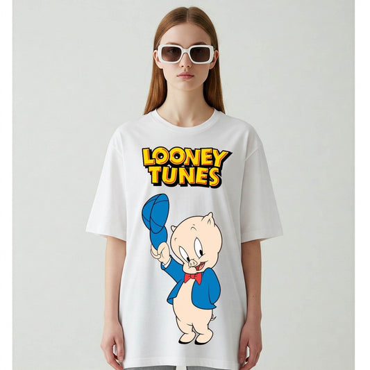 Porky Pig Looney Tunes Women's T-shirt | White Cartoon Tee | Befaltu - Befaltu