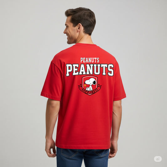 Red Peanuts "Happiness" Snoopy Logo Oversized T-shirt - Befaltu (Men's Graphic Tee)