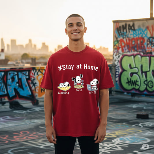Red Peanuts Snoopy "#Stay at Home" Activities Oversized T-shirt - Befaltu (Men's Graphic Tee)