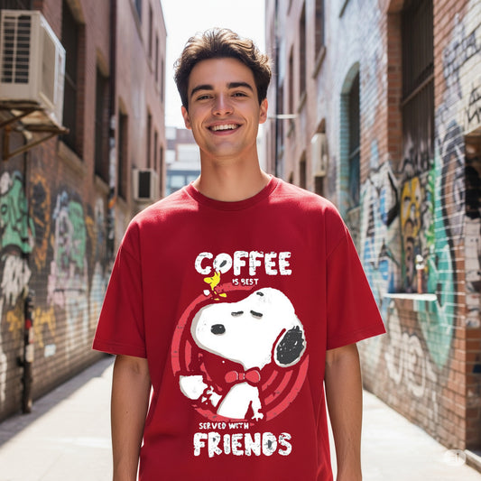 Red Peanuts Snoopy "Coffee is Best Served with Friends" Oversized T-shirt - Befaltu (Men's Graphic Tee)