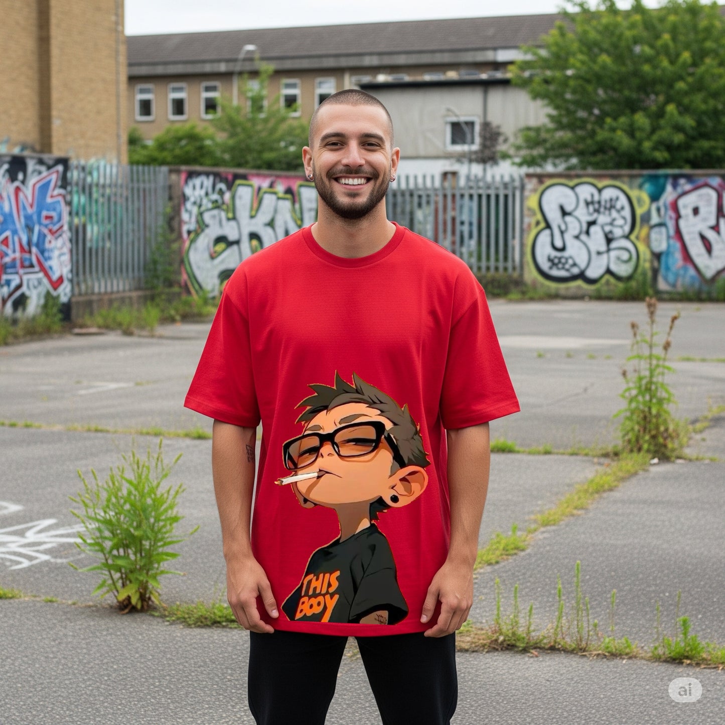 Red "This Boy" Character Graphic Oversized T-shirt - Befaltu (Men's Artistic Tee)