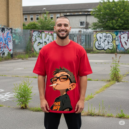 Red "This Boy" Character Graphic Oversized T-shirt - Befaltu (Men's Artistic Tee)