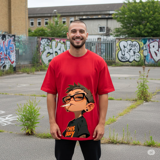 Red "This Boy" Character Graphic Oversized T-shirt - Befaltu (Men's Artistic Tee)