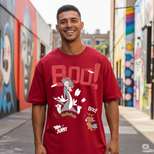 Red Tom and Jerry "BOO!" Printed Oversized T-shirt - Befaltu (Men's Branded Tee)