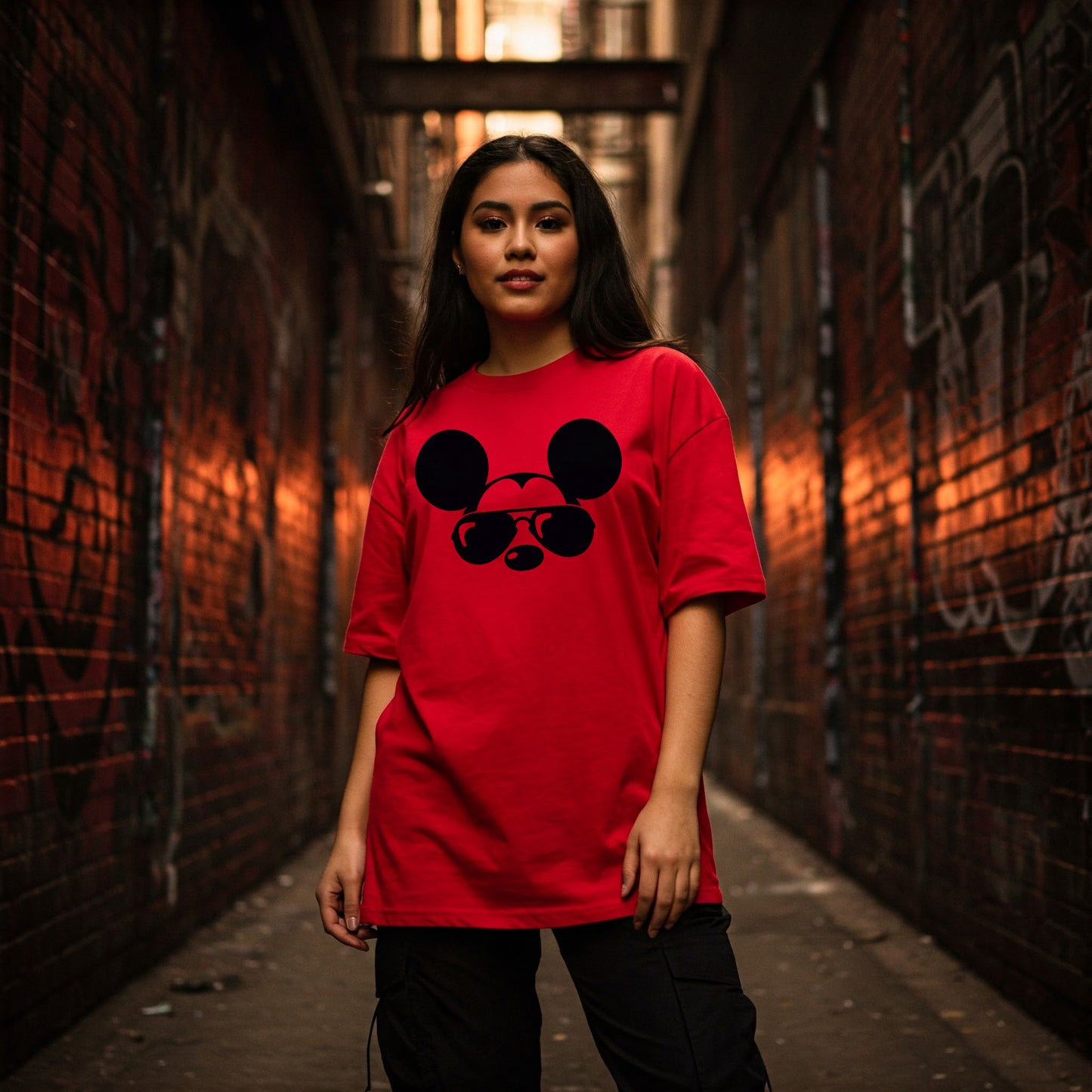 Red Miky Graphic Women's Oversized Fit Crew-Neck T-Shirt - Befaltu (Graphic Oversized Tee)