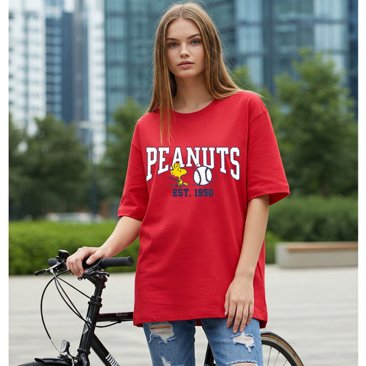 Red Peanuts Baseball Graphic Women's Oversized T-shirt Befaltu