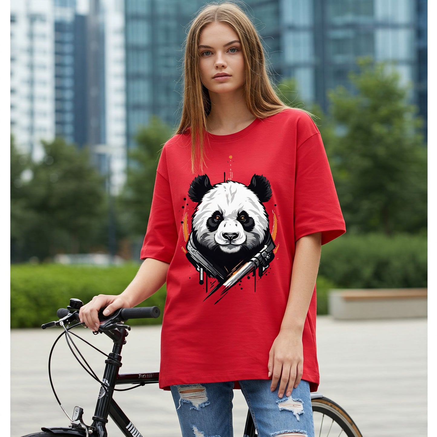 Red Stylized Panda Face Graphic Women's Oversized T-shirt Befaltu
