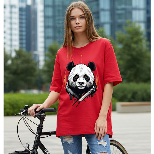 Red Stylized Panda Face Graphic Women's Oversized T-shirt Befaltu
