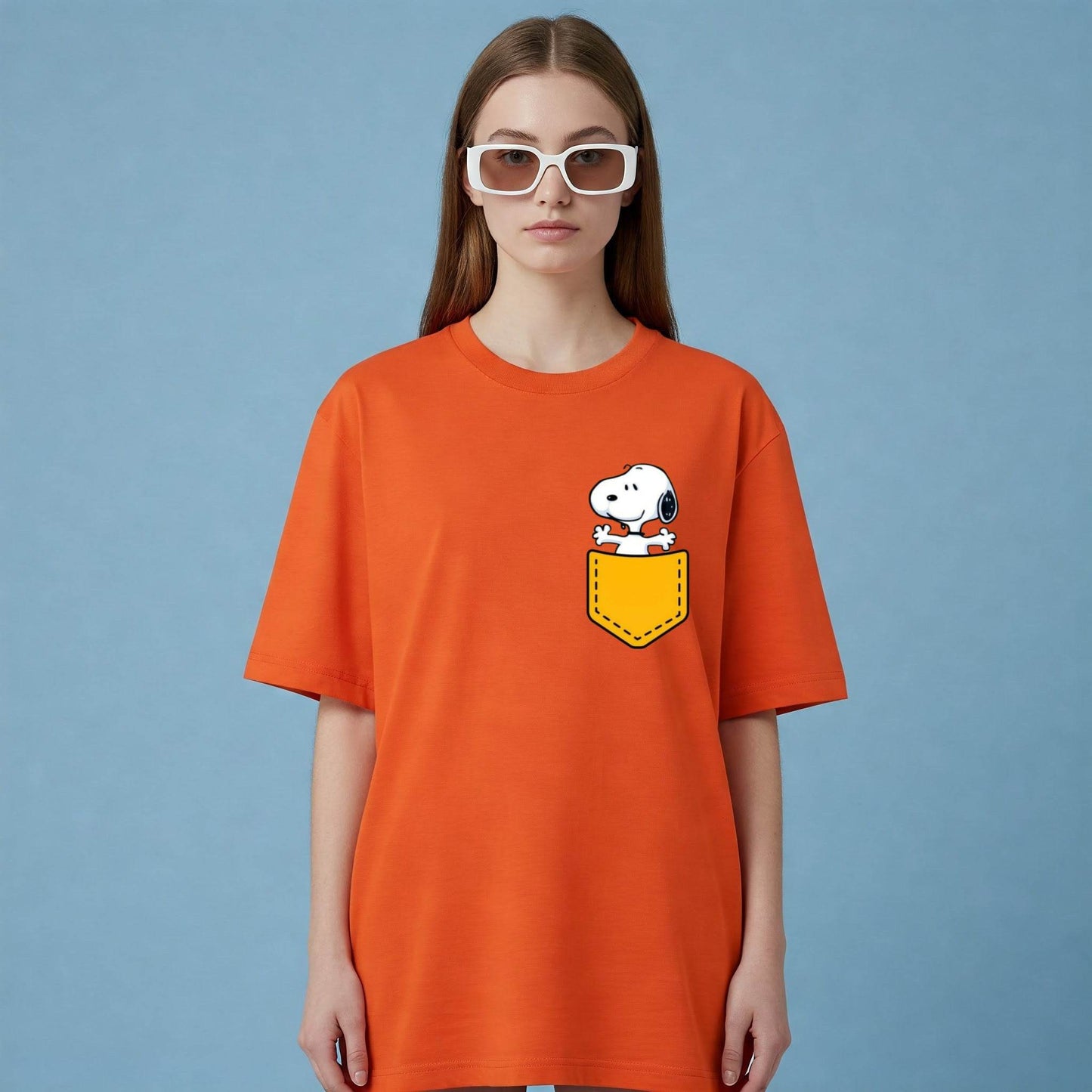 Snoopy Pocket Women's T-shirt | Orange Cartoon Tee | Befaltu - Befaltu