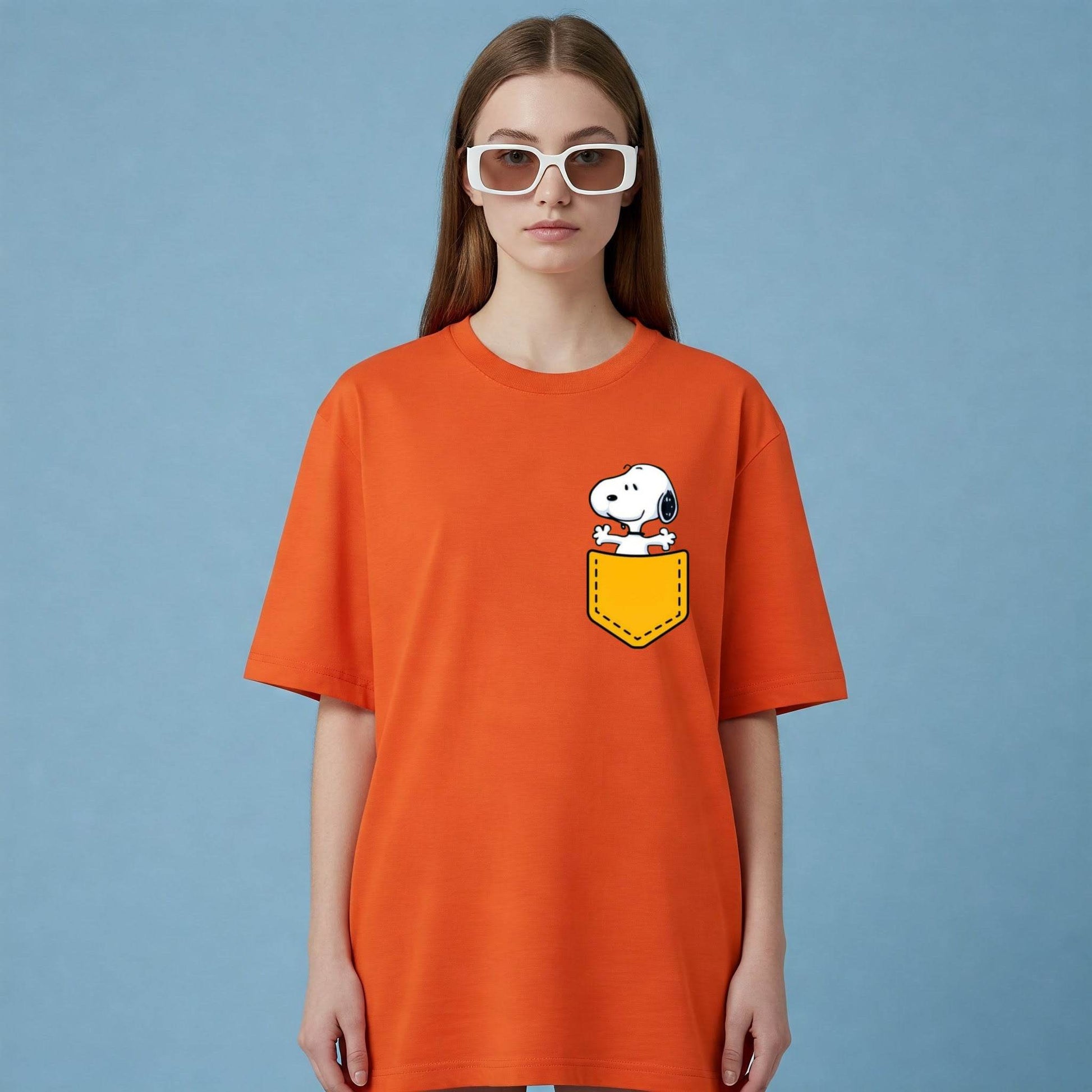 Snoopy Pocket Women's T-shirt | Orange Cartoon Tee | Befaltu - Befaltu