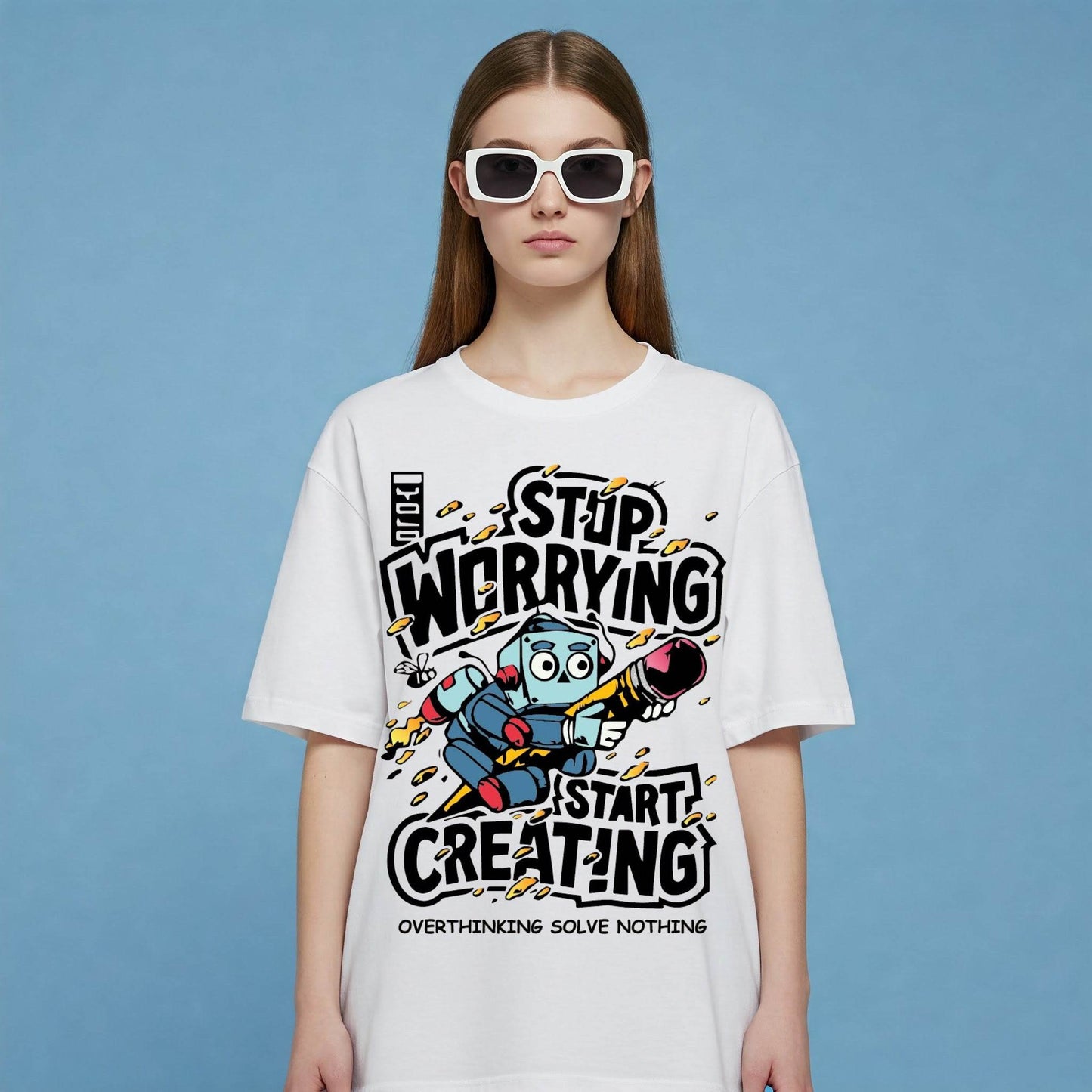 Stop Worrying Start Creating Women's T-shirt | White Graphic Tee | Befaltu - Befaltu