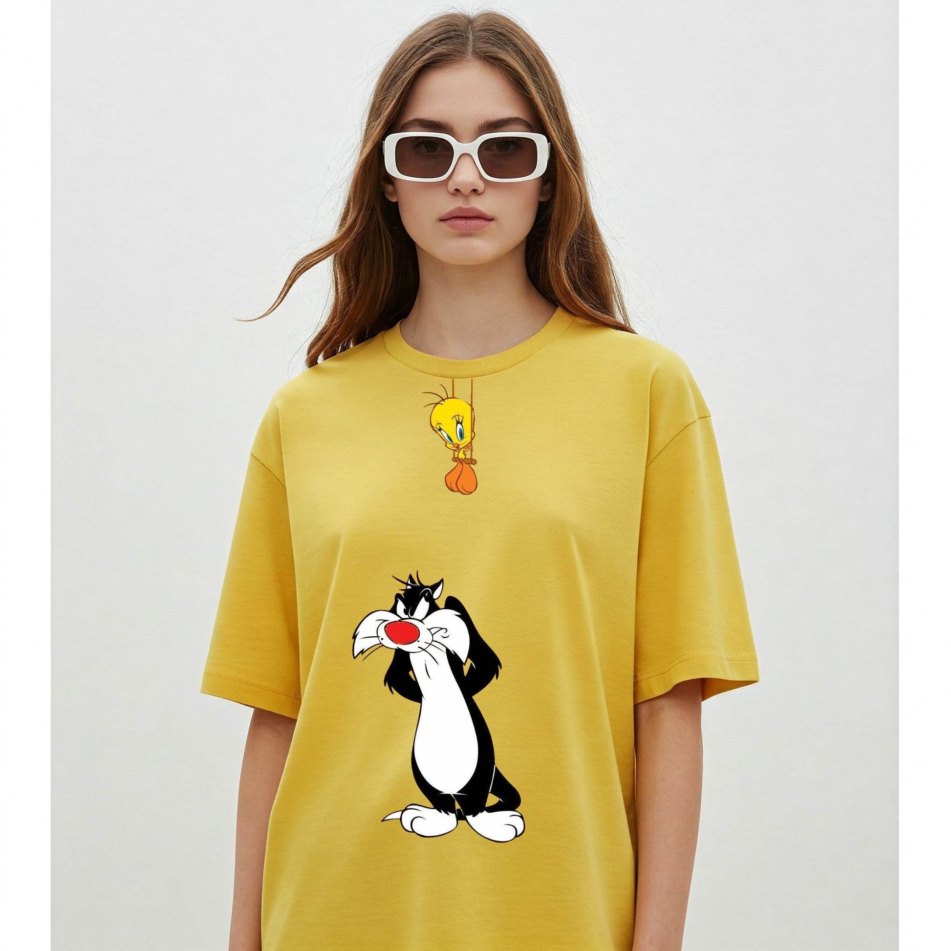 Sylvester & Tweety Women's T-shirt | Yellow Cartoon Tee | Befaltu - Befaltu