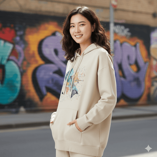 Tan/Beige Women's Oversized Hooded Sweatshirt (Abstract Geometric Graphic) - Befaltu - Befaltu