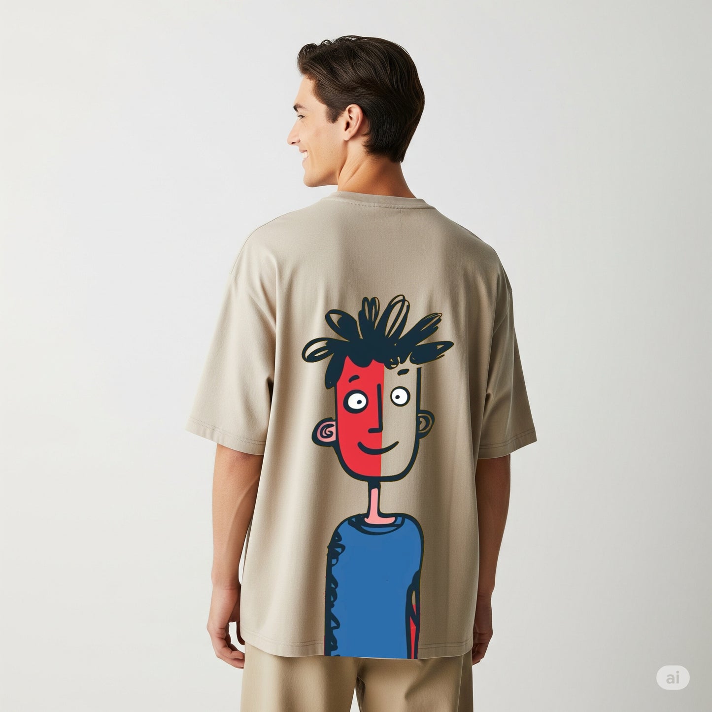 Tan/Beige "Split Face" Character Graphic Oversized T-shirt - Befaltu (Men's Artistic Tee)