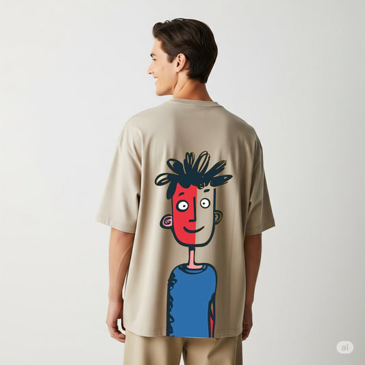 Tan/Beige "Split Face" Character Graphic Oversized T-shirt - Befaltu (Men's Artistic Tee)