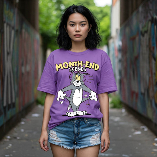 Tom Month-End Scenes Women's T-shirt | Purple Cartoon Tee | Befaltu - Befaltu