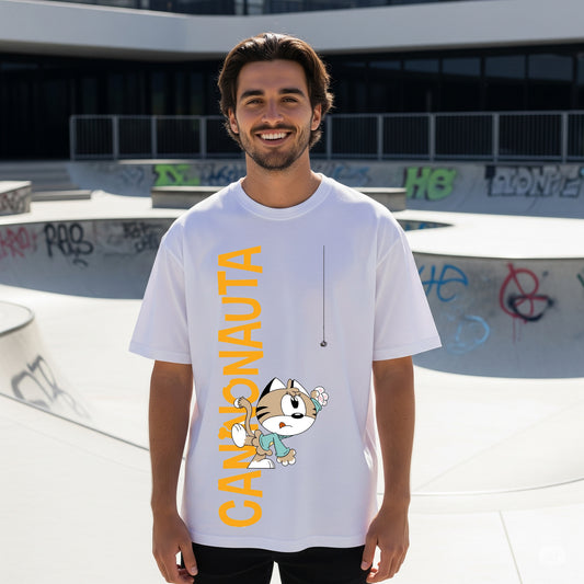 White "CANNONAUTA" Cat Graphic Oversized T-shirt - Befaltu (Men's Cartoon Tee)