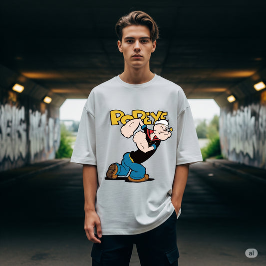 White Popeye The Sailor Man Oversized T-shirt - Befaltu (Men's Cartoon Tee)