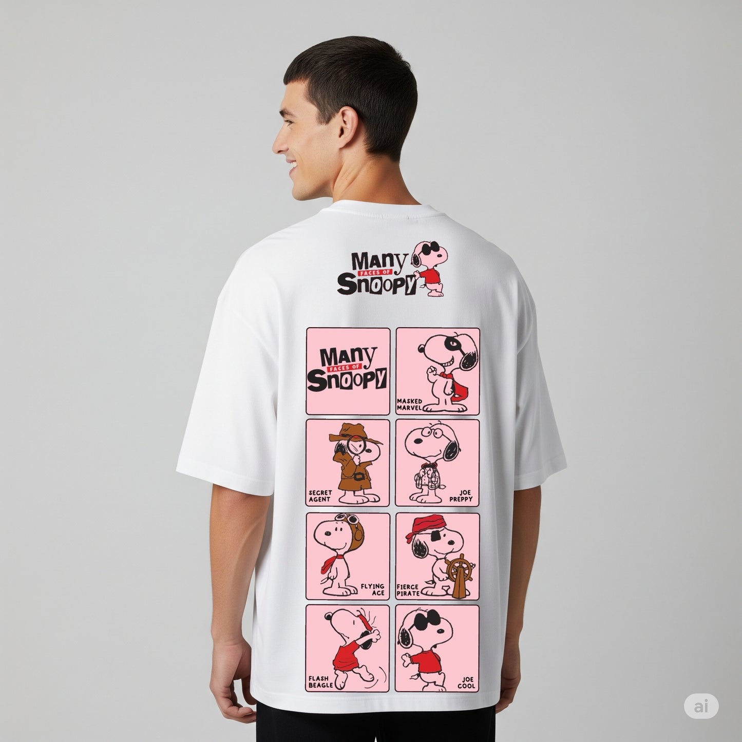 White "Many Tales of Snoopy" Character Print Oversized T-shirt - Befaltu (Men's Peanuts Tee)