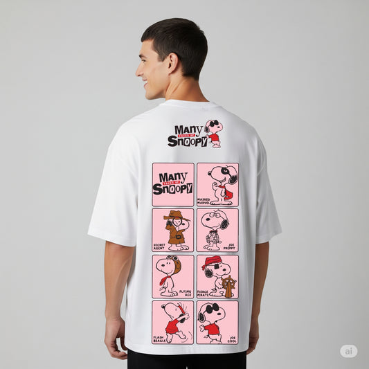 White "Many Tales of Snoopy" Character Print Oversized T-shirt - Befaltu (Men's Peanuts Tee)