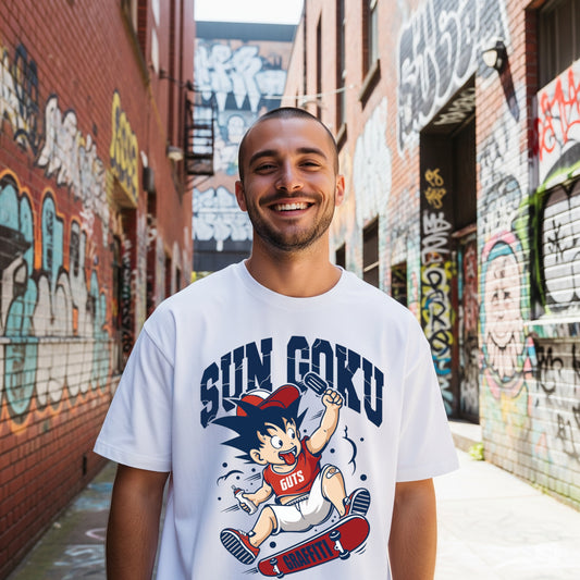 White "Sun Goku Guts Graffiti" Oversized T-shirt - Befaltu (Men's Anime/Manga Tee)