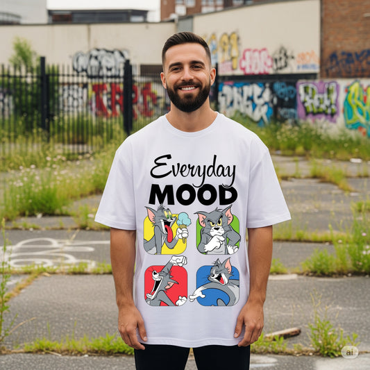 White "Everyday Mood" Tom and Jerry Graphic Oversized T-shirt - Befaltu (Men's Cartoon Tee)