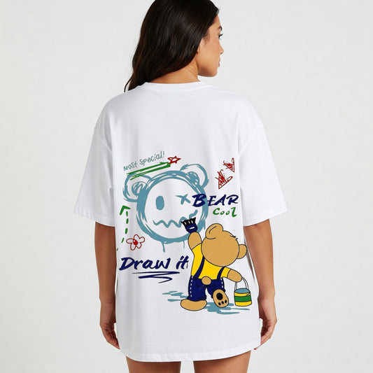 White Doodle Bear Graphic Oversized T-shirt Dress Befaltu - Unique Delhi Style