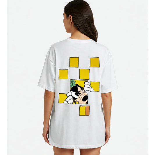 White Goofy Peeking Graphic Oversized T-shirt Befaltu