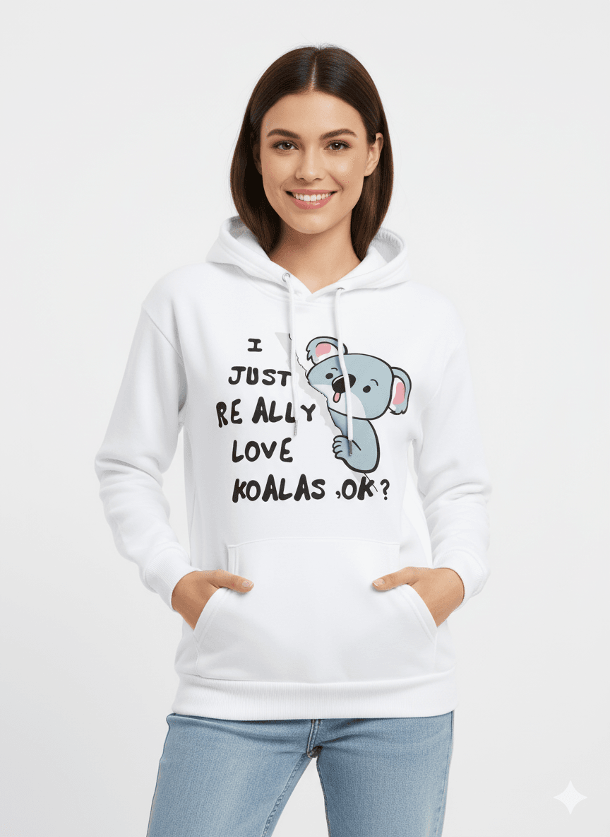 White Women's Hooded Sweatshirt (Graphic Print) - Befaltu (Real Love Koala Edition) - Befaltu