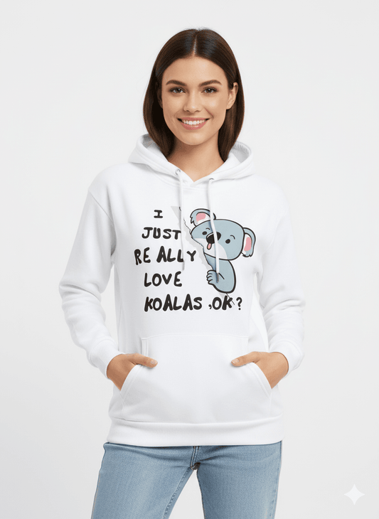 White Women's Hooded Sweatshirt (Graphic Print) - Befaltu (Real Love Koala Edition) - Befaltu