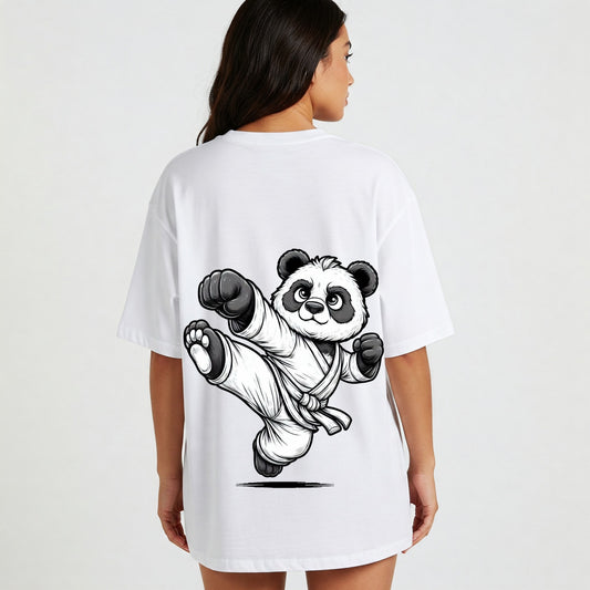 White Karate Panda Graphic Oversized T-shirt Dress Befaltu
