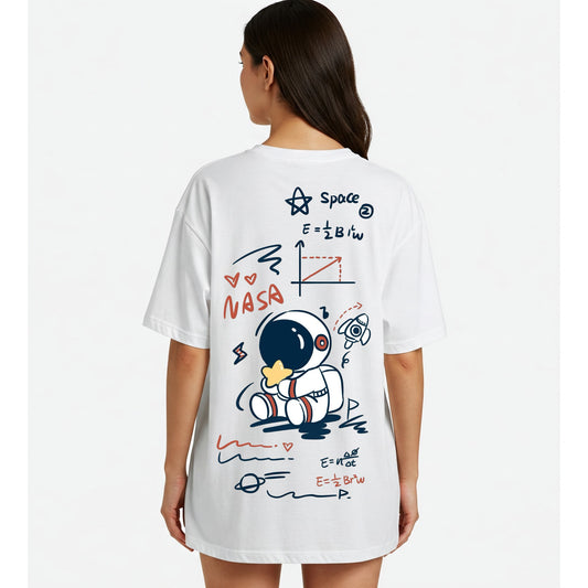 White NASA Doodle Astronaut Graphic Oversized T-shirt Dress Befaltu