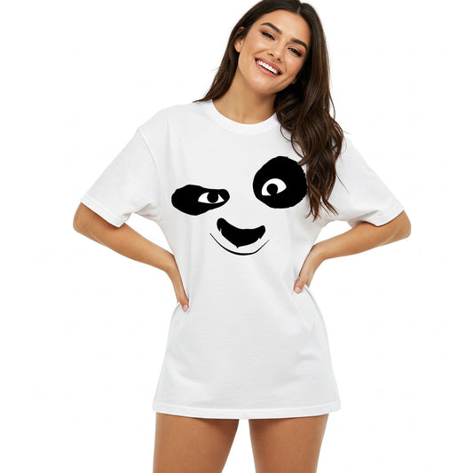 White Panda Face Graphic Oversized T-shirt Dress Befaltu - Girls & Women
