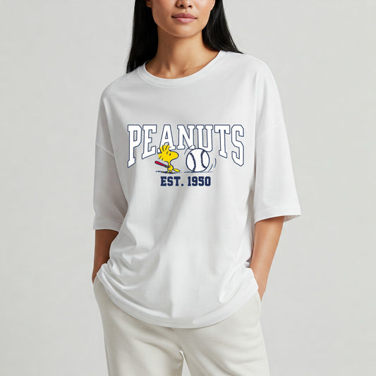 White Peanuts Baseball Graphic Women's Oversized T-shirt Befaltu
