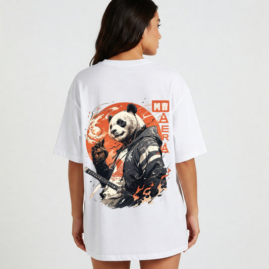 White Samurai Panda Graphic Oversized T-shirt Dress Befaltu