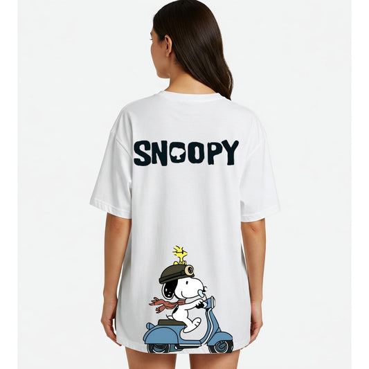 White Snoopy Scooter Graphic Oversized T-shirt Dress Befaltu
