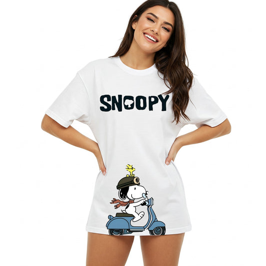 White Snoopy Scooter Graphic Oversized T-shirt Dress Befaltu - Peanuts Fashion Delhiv