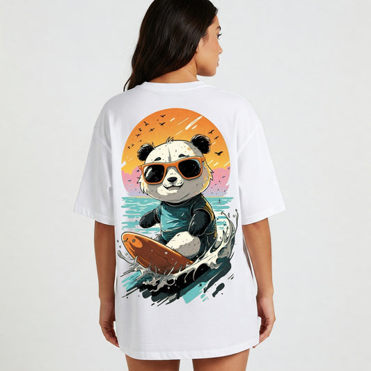 White Surfing Panda Graphic Oversized T-shirt Dress Befaltu